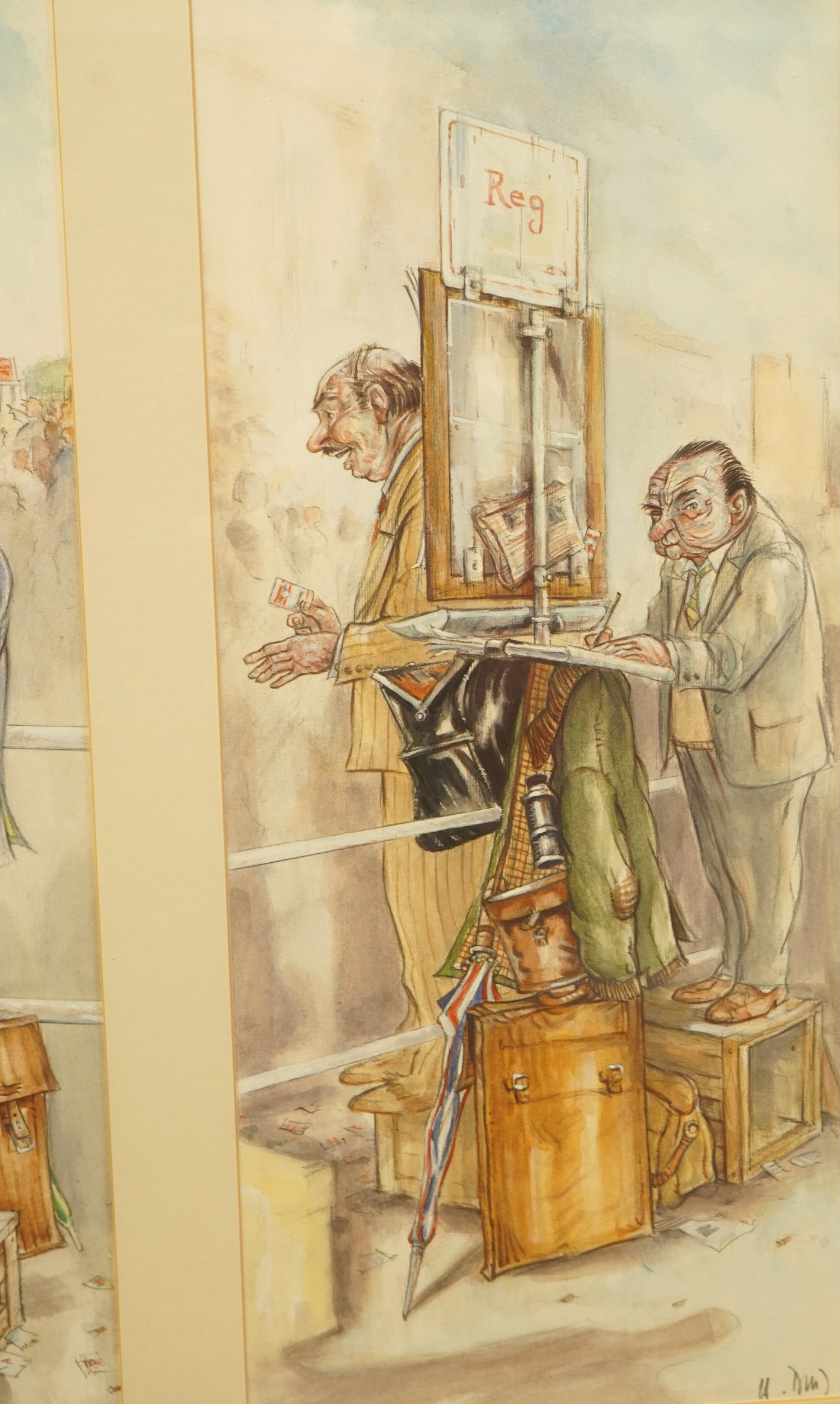 Hugh Dodd (Scottish, 1948-2014), ‘The Sporting Life’, each signed, set of three gouaches, mounted and framed as one, each 43 x 19cm